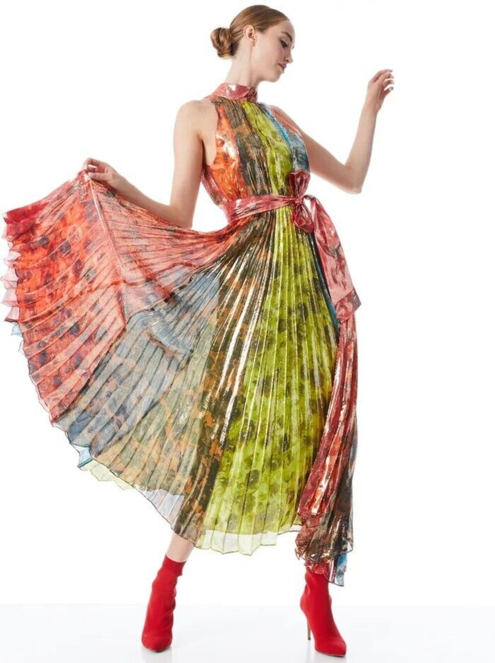 ALICE + OLIVIA Mertie Mock Neck Pleated Silk-Blend Maxi Striped Dress Size 8